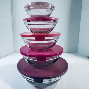 Stacking Glass Storage Bowls 5pc set w/Plastic Colored Lids
